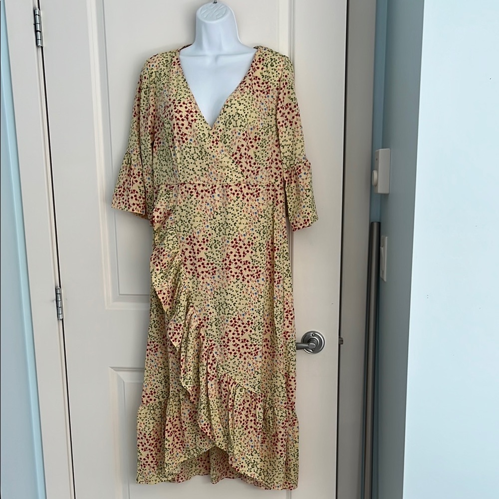Tan Green Asymmetrical Flutter Sleeve Sundress